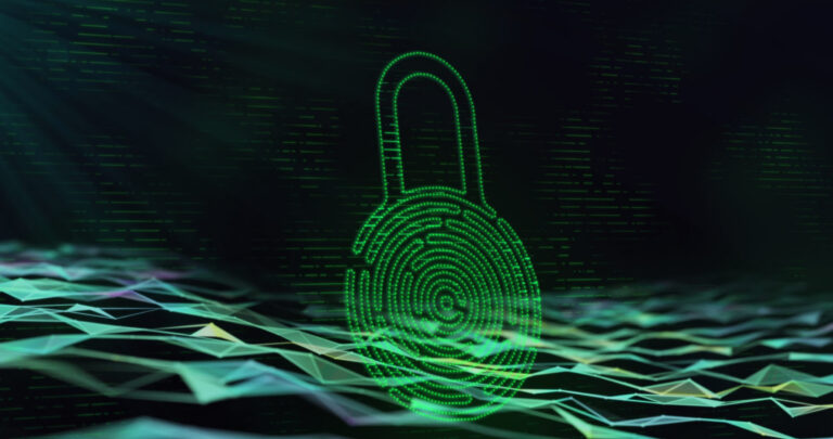 Digital image of Security padlock icon over glowing green plexus networks against black background. Global networking and online security concept
