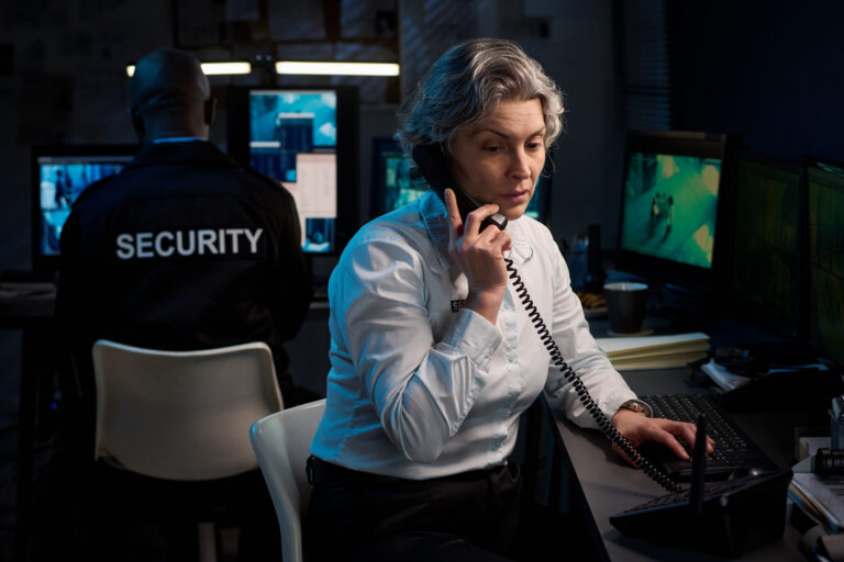 Middle aged Caucasian woman talking on phone while working at desk with computer monitors, Black man in security uniform monitoring surveillance screens in background